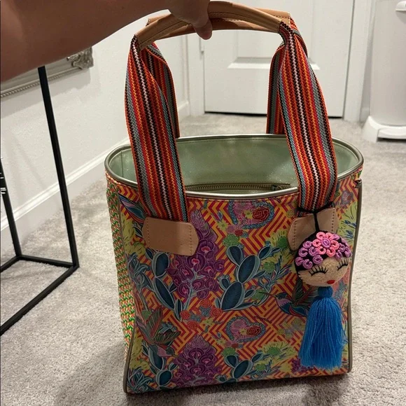 Consuela Tote W/ bag charm! Colorful Tote Bag with Striped Handles - Picture 1 of 4